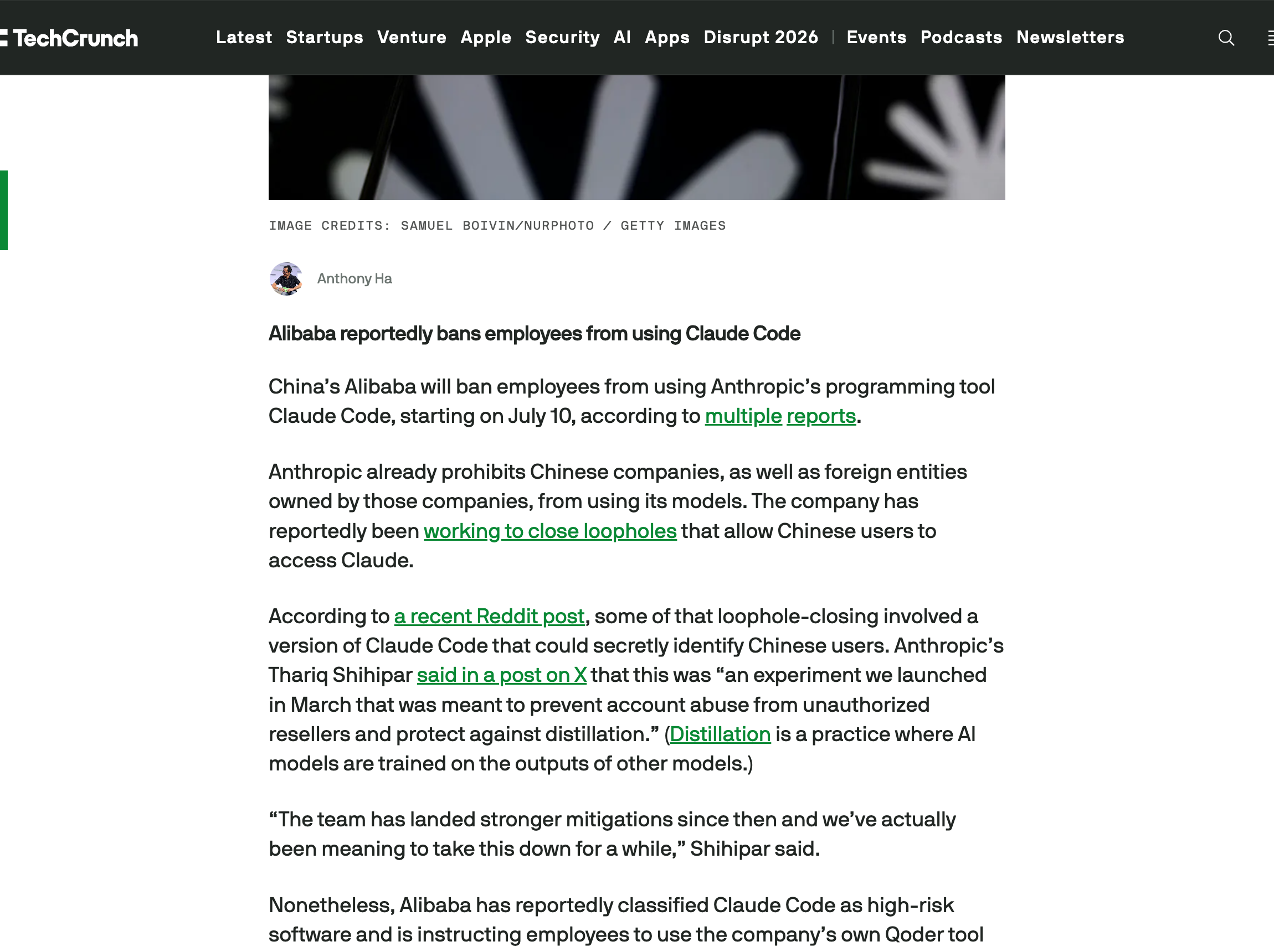 TechCrunch: Alibaba reportedly bans employees from using Claude Code
