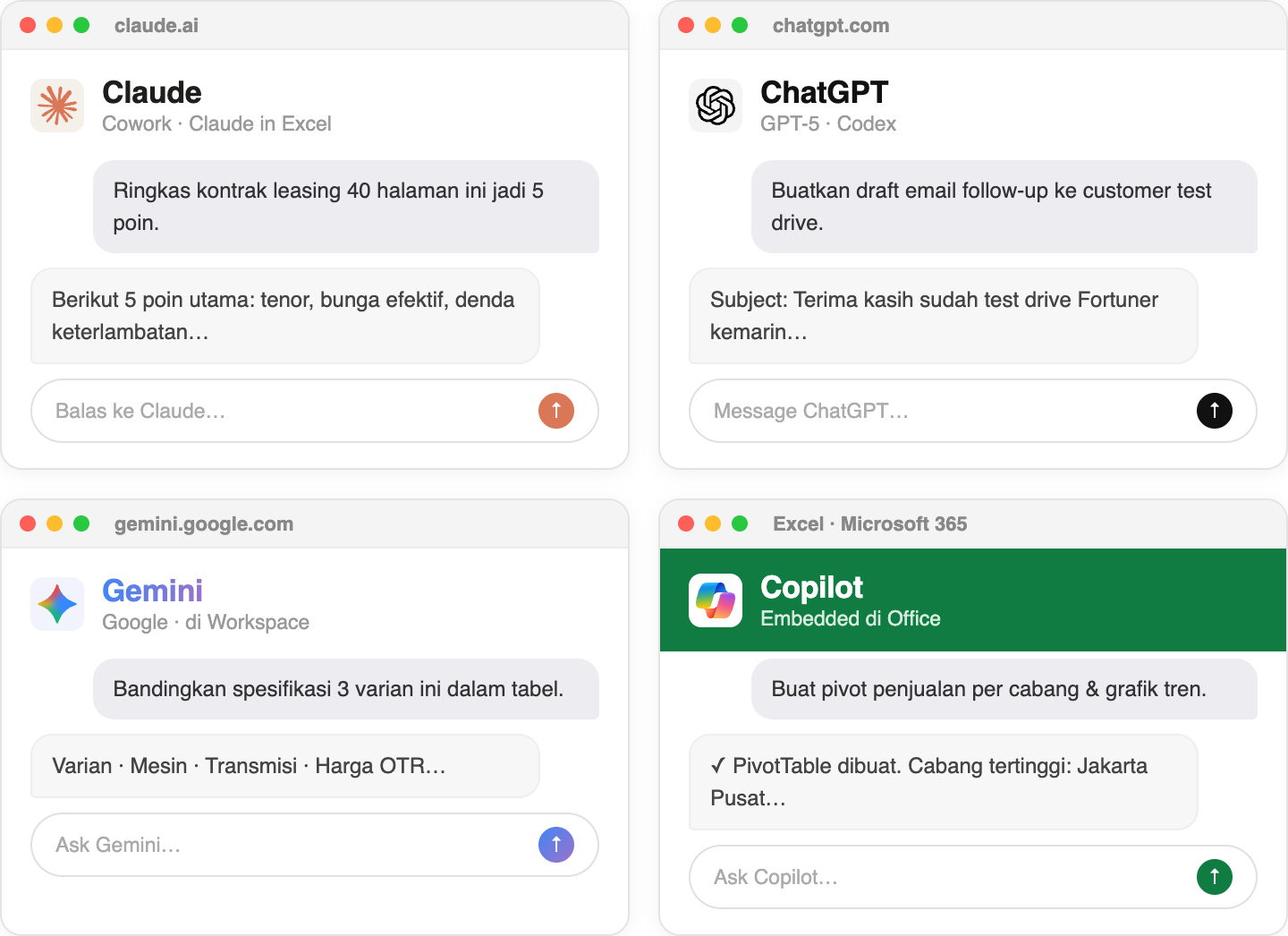 Claude, ChatGPT, Gemini, Copilot