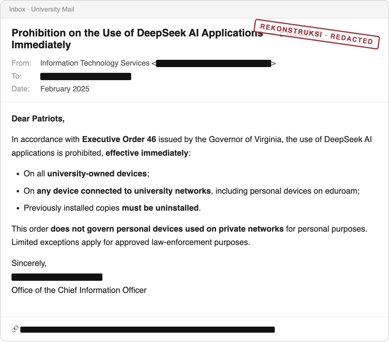 rekonstruksi email GMU: larangan DeepSeek, Executive Order 46